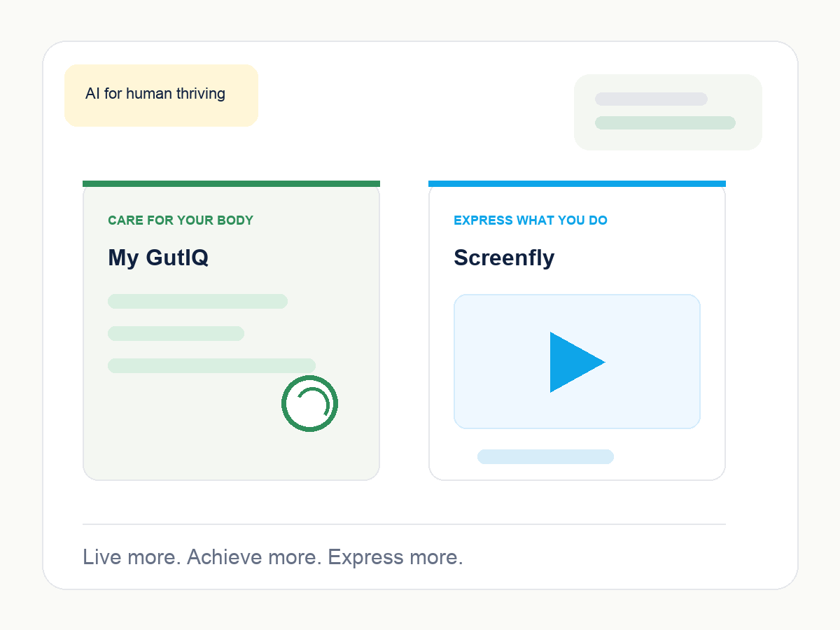 My GutIQ gut health app and Screenfly AI product demo video cards from Cogumi